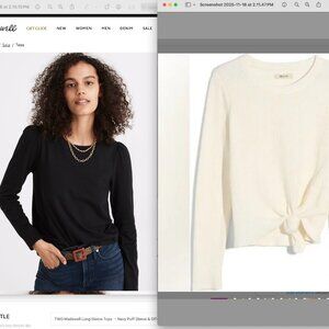 TWO Madewell Long-Sleeve Tops  – Navy Puff Sleeve & Off-White Knot Tee, Small